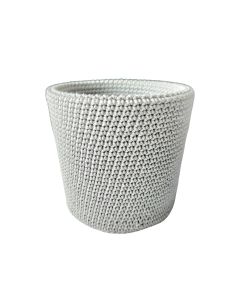 Gray hand-crocheted storage container with a recycled plastic bucket inside for structure.